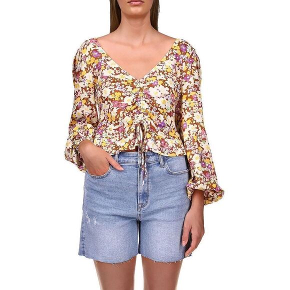 NWT Sanctuary V-Neck Cropped Blouse With Drawstring Medium - Picture 1 of 9